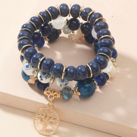 Blue Three Piece Beaded Tree of Life Charm Bracelet - Picture 2 of 5